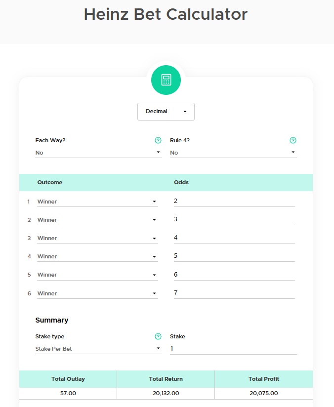 heinz bet calculator in decimal figures, with £1 stake and random odds input to 6 selections to show potential returns and profit